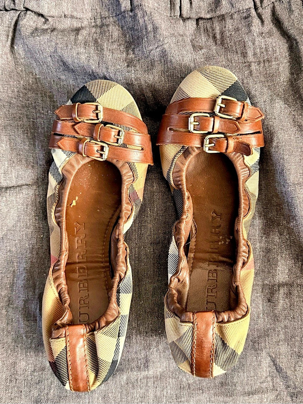 Burberry Nova Check Triple Buckle Ballet Flats Brown & Black
